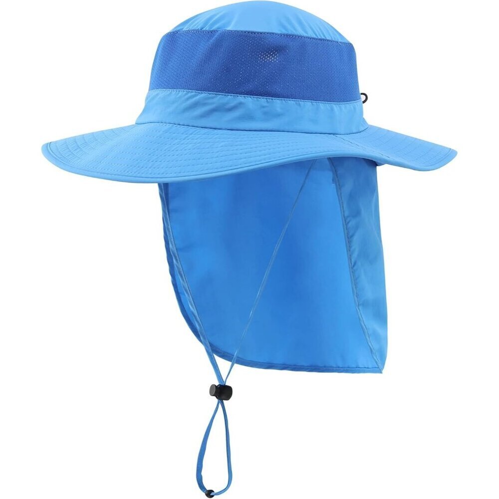 Unisex Blue 100% Polyester Wide Brim Mesh Vent Neck Flap Adjustable Fishing Hat